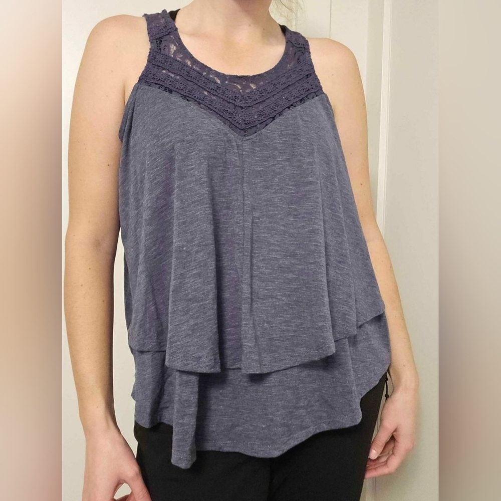 Warehouse One Blue Ruffled lace women's tank top